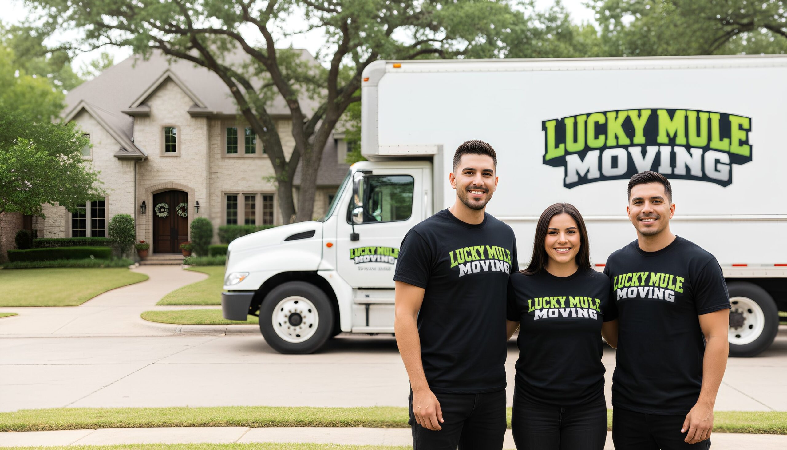 Smiling movers from Lucky Mule Moving in Pleasanton, TX, standing proudly in front of their professional moving truck.