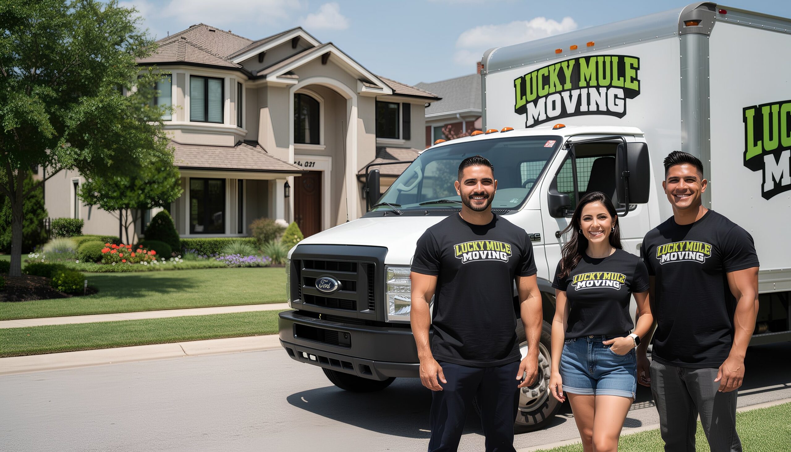 Smiling Lucky Mule Moving team stands in front of their truck in the Rogers Ranch area, showcasing expert moving services in San Antonio.