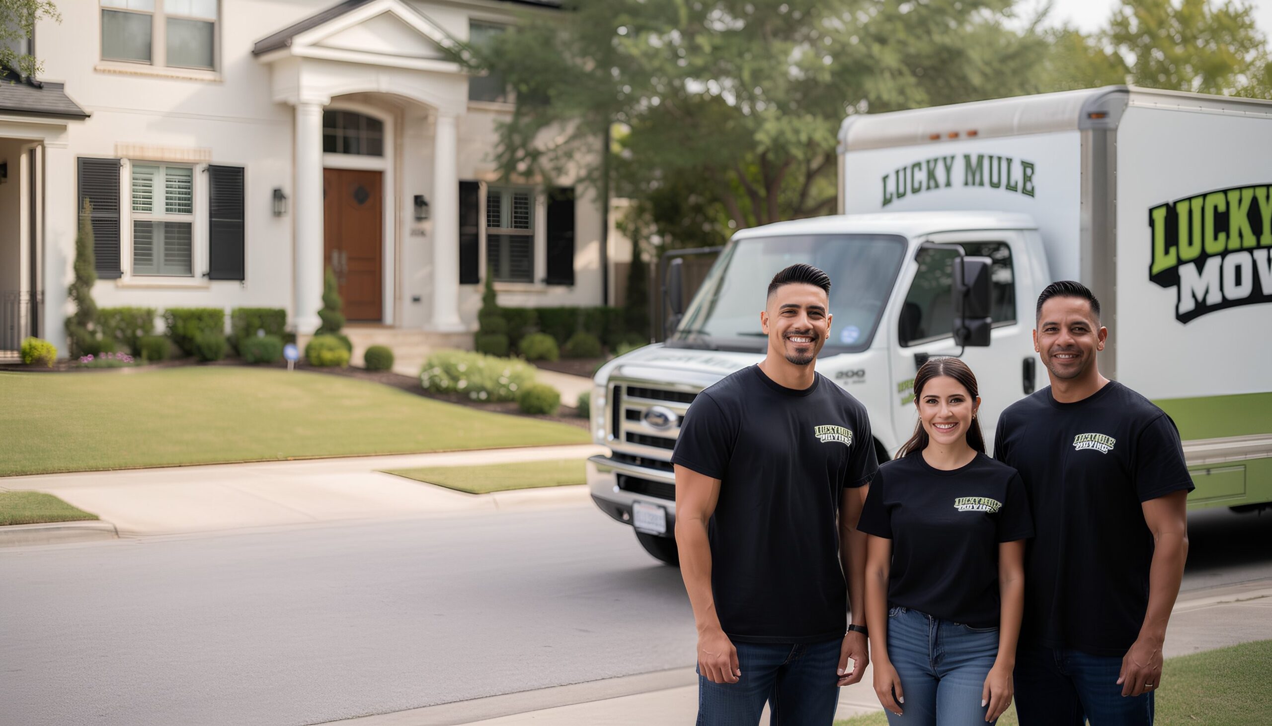 Lucky Mule Moving team smiling in front of their truck, ready for professional moving services in Rollingwood, TX.