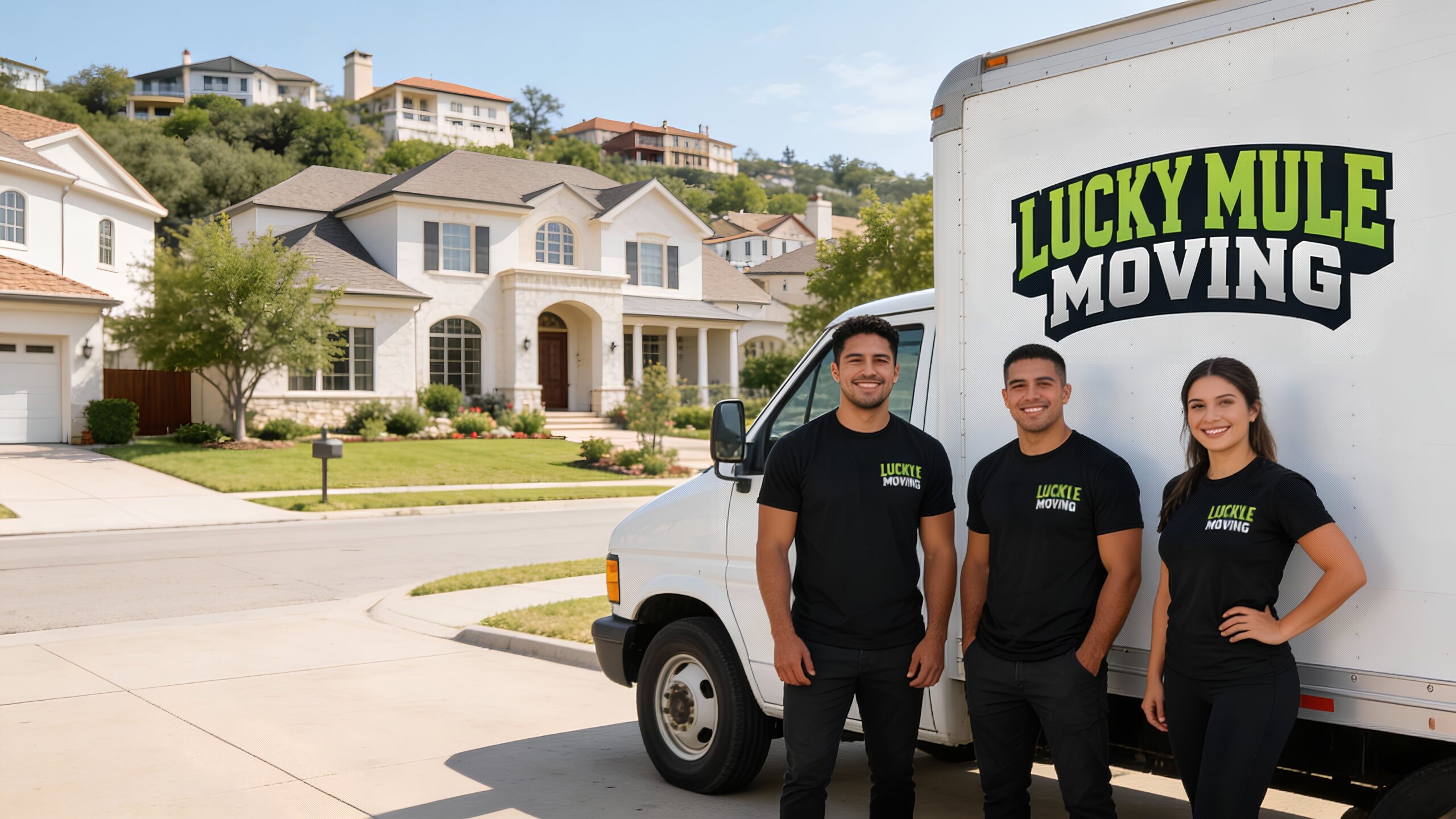 Smiling Lucky Mule Moving team stands proudly in front of their truck, ready to provide professional moving services in Rosedale, Austin.