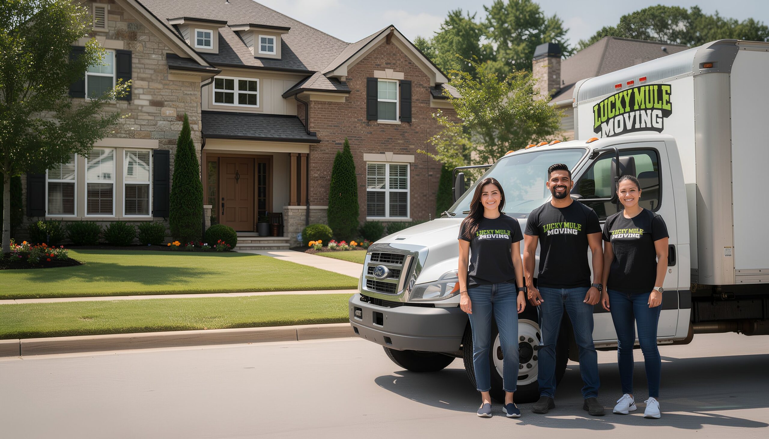 Lucky Mule Moving team smiling in front of their truck, providing professional moving services in Schertz, TX.