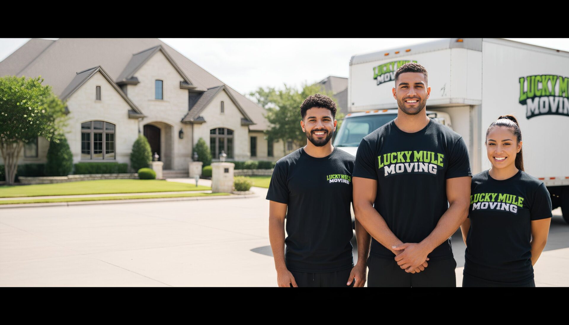 Lucky Mule Moving team smiles proudly in Seguin, TX, ready to provide professional moving services in the neighborhood.