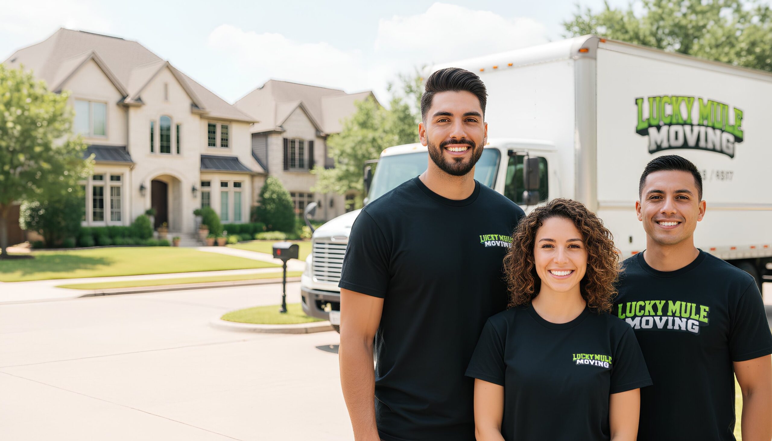 Smiling movers from Lucky Mule Moving in Sonterra, San Antonio, ready to provide professional moving services.