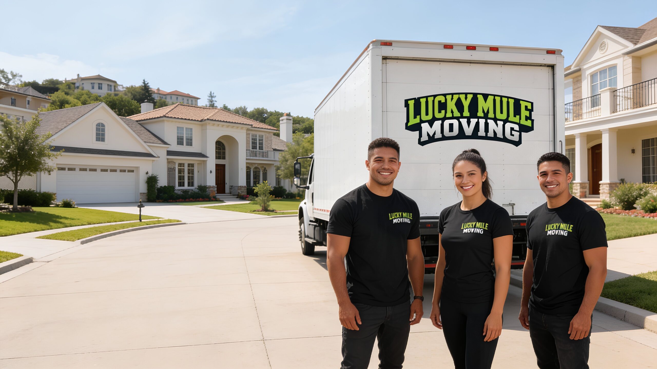 Smiling movers from Lucky Mule Moving stand in front of their truck in Spicewood, TX, ready for professional moving services.