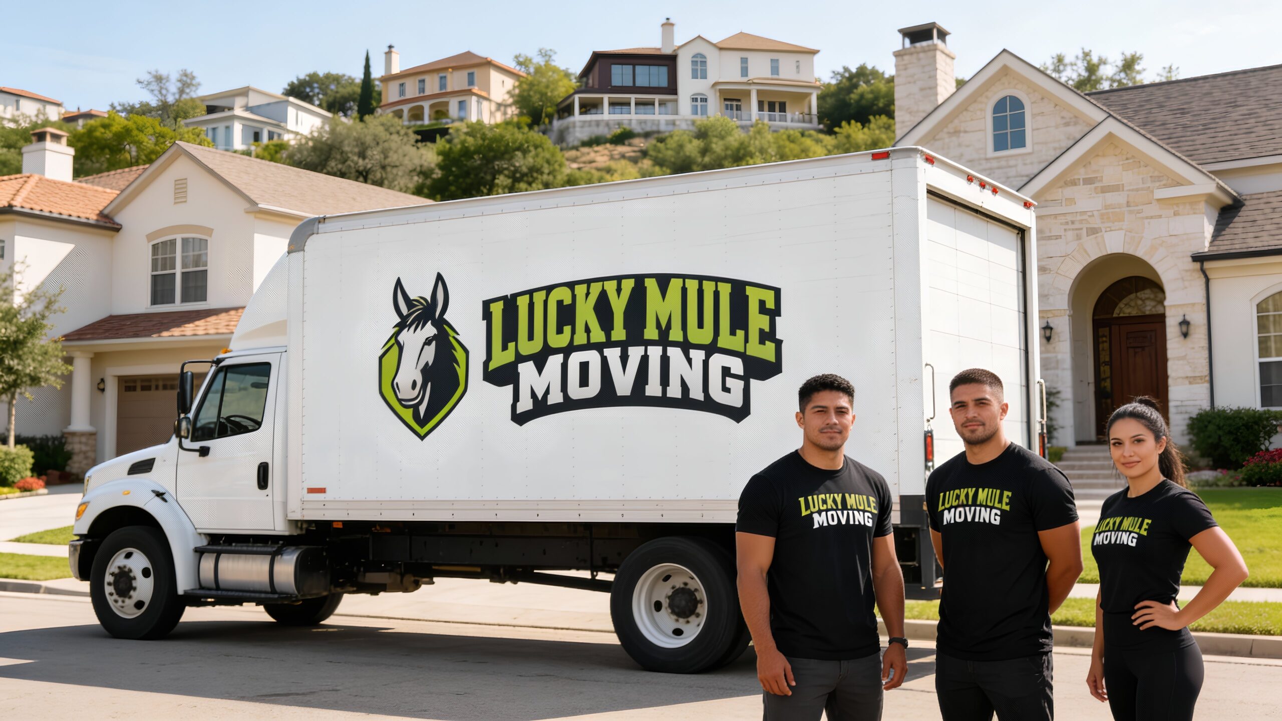 Lucky Mule Moving team smiling in front of their moving truck in Steiner Ranch, Austin, ready for professional moving services.