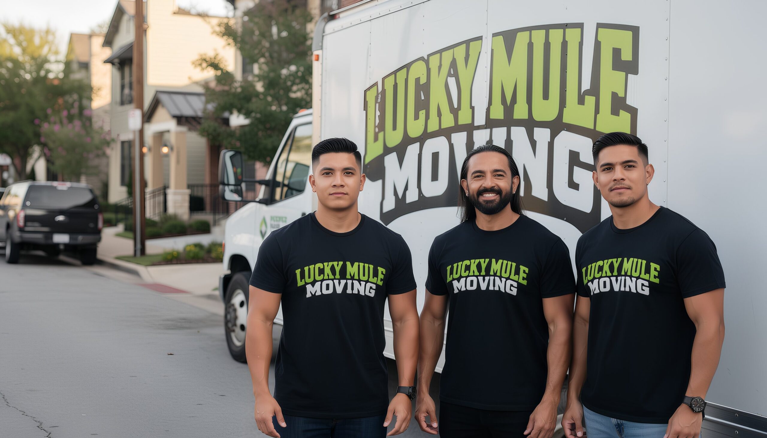 Smiling movers from Lucky Mule Moving stand proudly in front of their truck in Stone Oak, San Antonio, showcasing professional services.