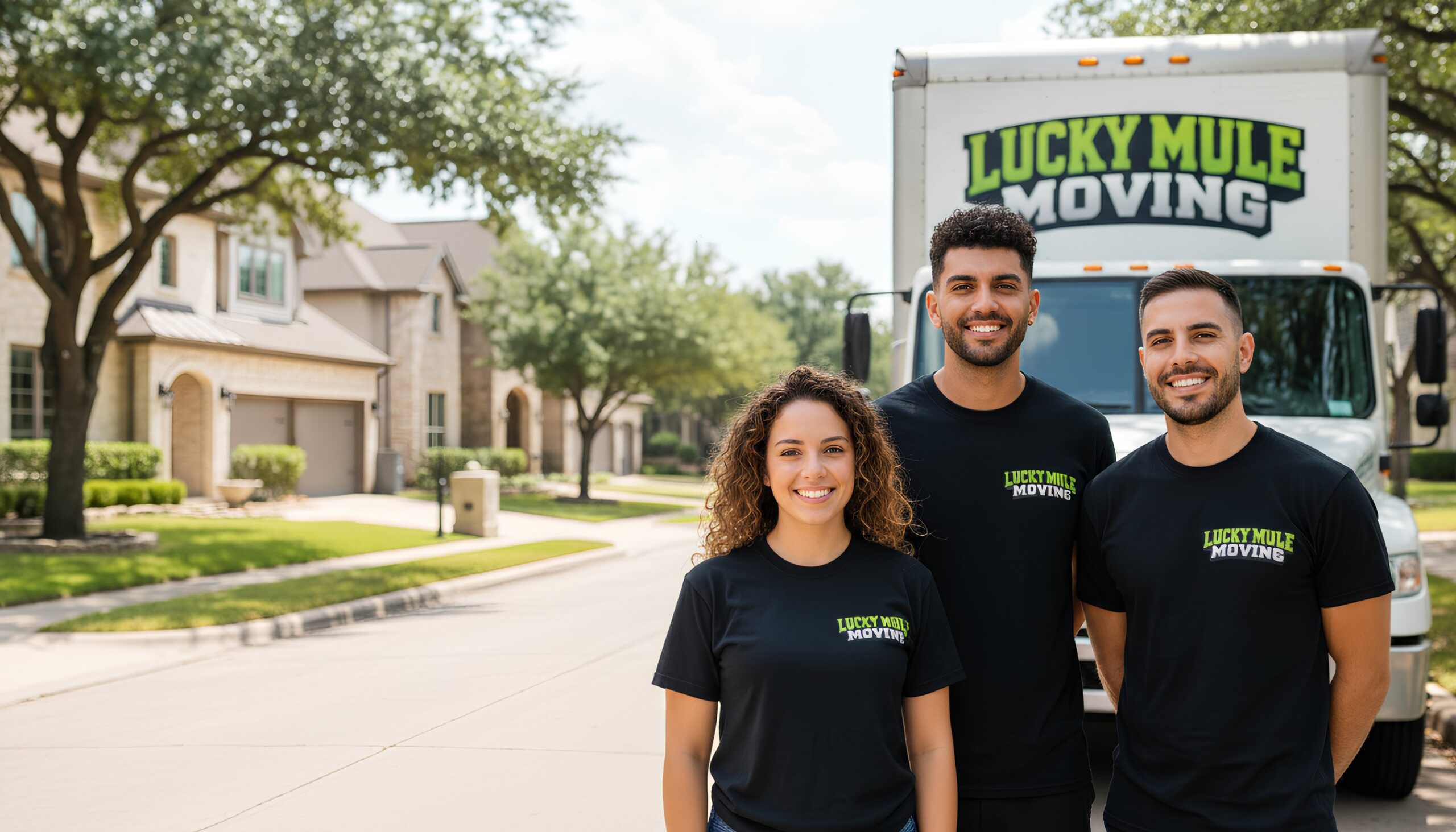 Professional movers from Lucky Mule Moving smiling in front of their truck in Tarrytown, Austin, ready for your move.