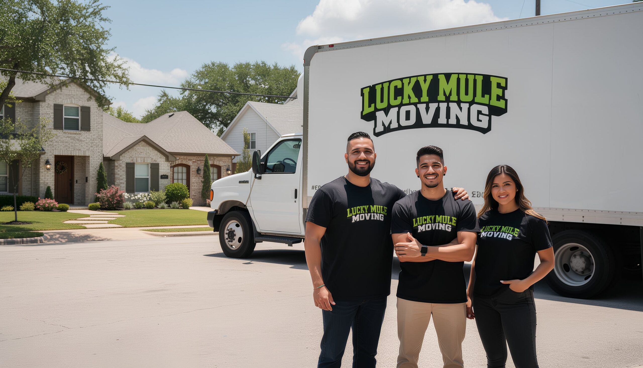 Lucky Mule Moving team smiles proudly in Timberwood Park, TX, showcasing their professional moving services in front of a truck.