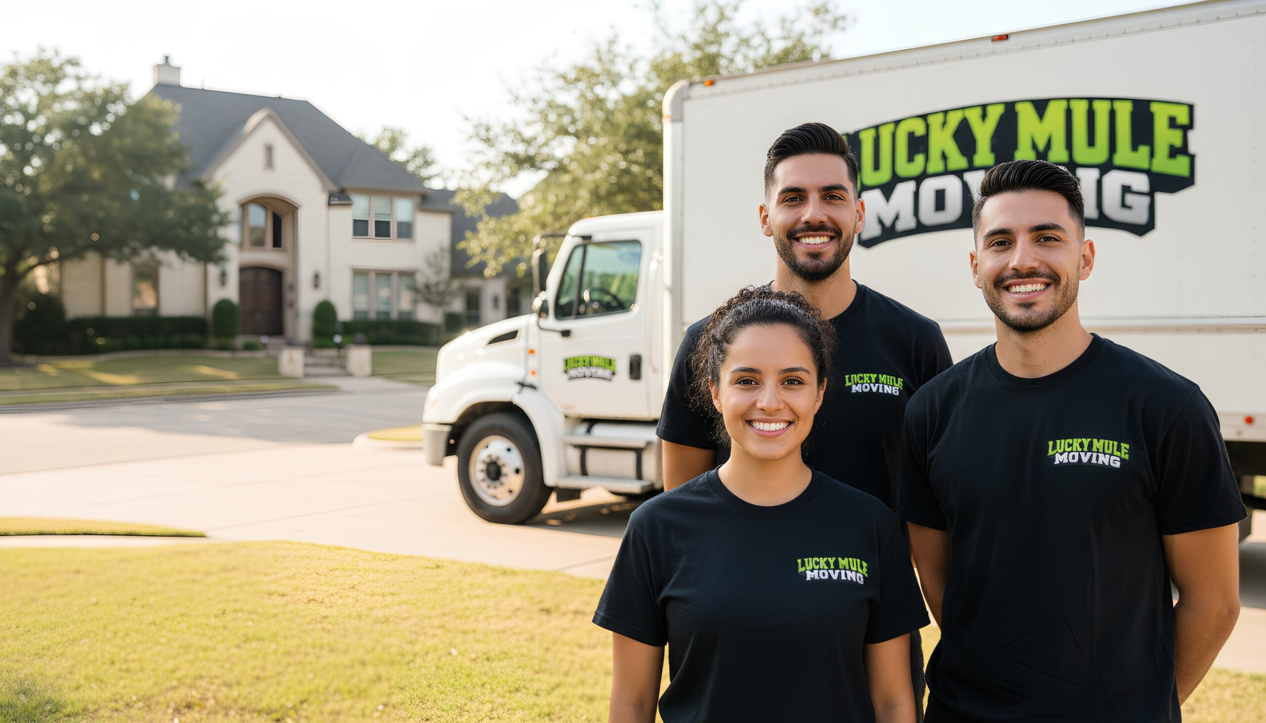 Friendly Lucky Mule Moving team in Travis Heights, Austin, TX, showcasing professional moving services in front of their truck.