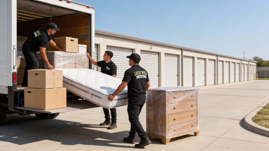 Lucky Mule Mule Movers loading a truck with studio apartment furniture