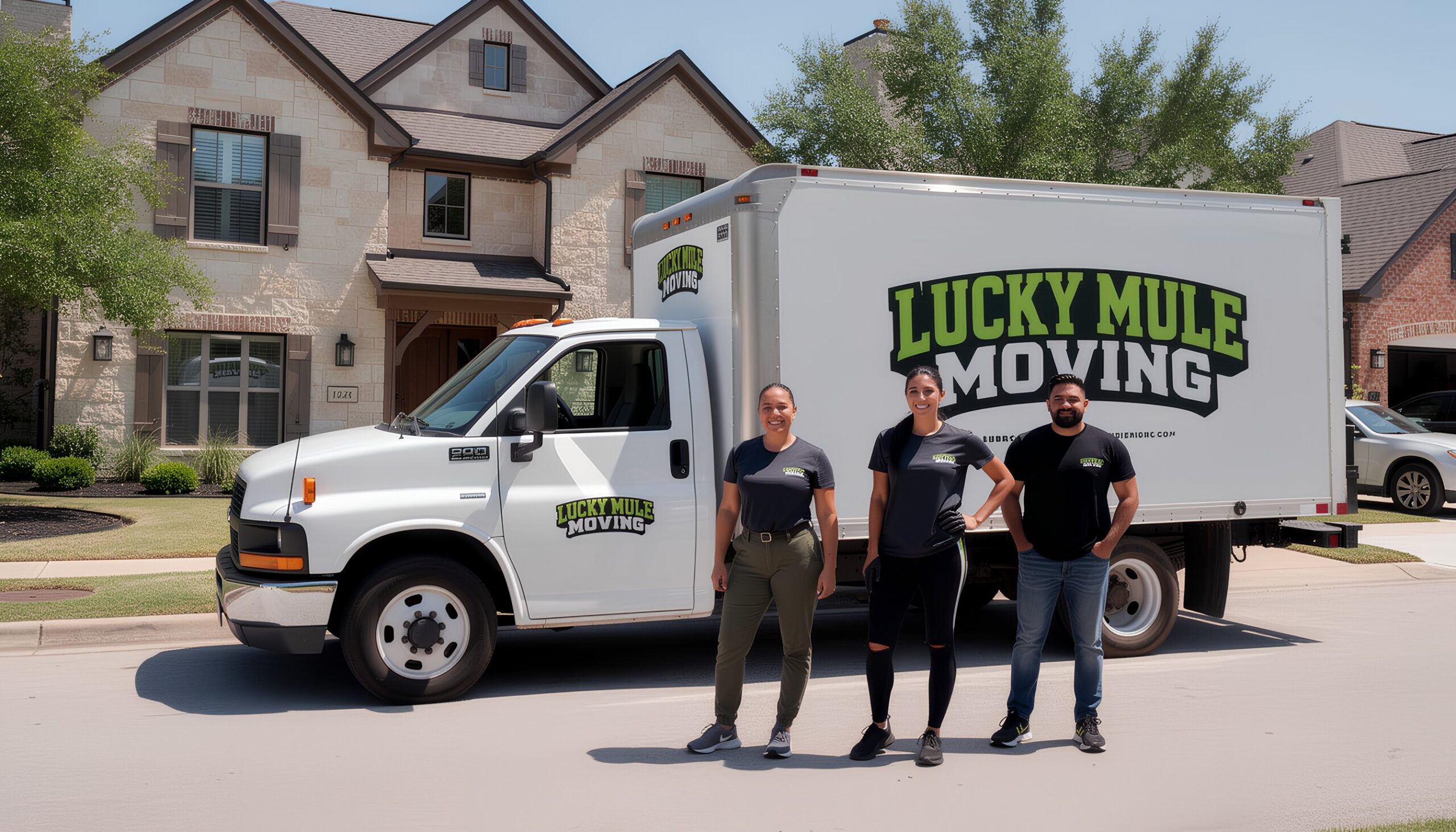 Lucky Mule Moving team smiling in front of their truck, ready to provide professional moving services in West Lake Hills, TX.