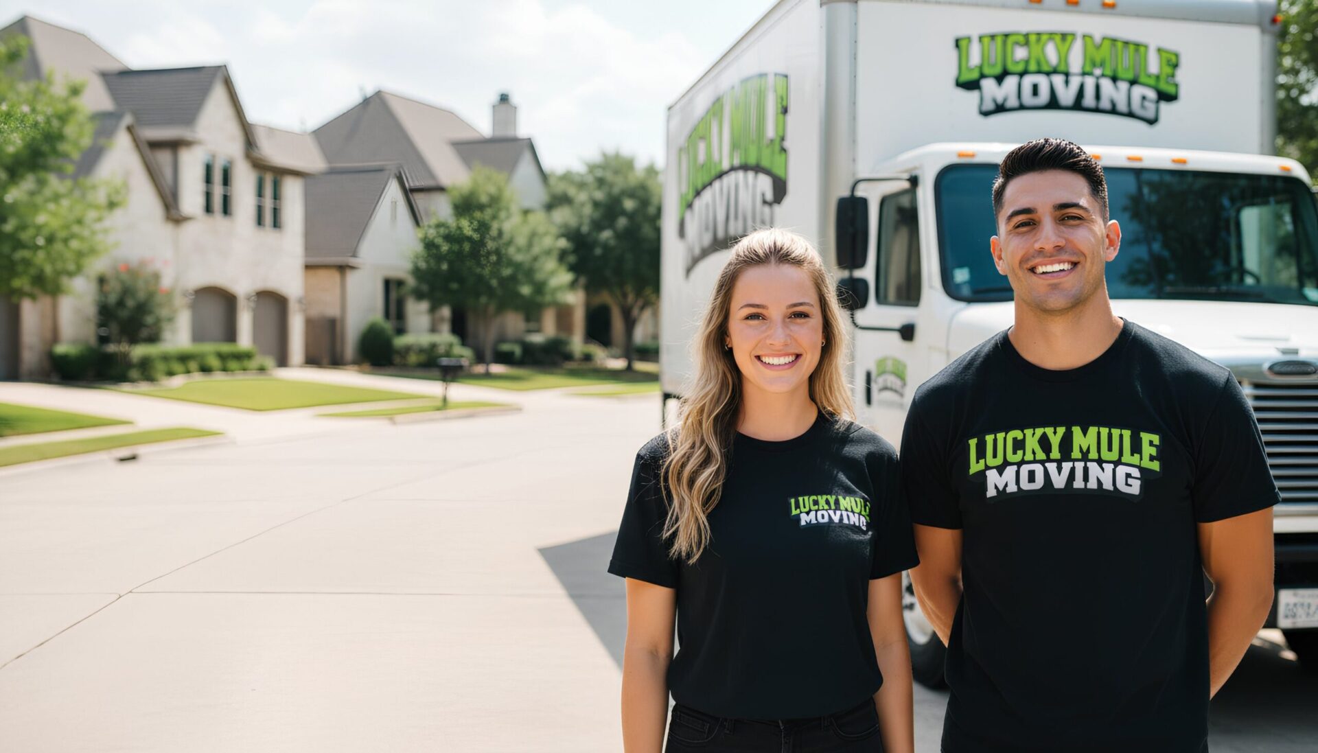 Lucky Mule Moving team smiling in front of their truck in Zilker, Austin, ready to provide professional moving services.