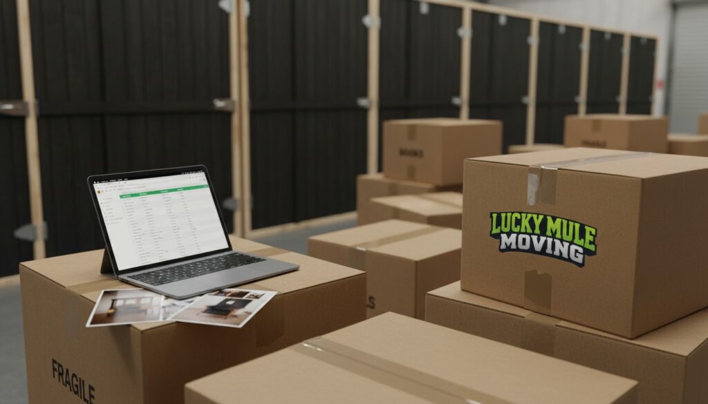 Boxes with inventory tracking representing managed storage pickup, inventory, and delivery in San Antonio and Austin.