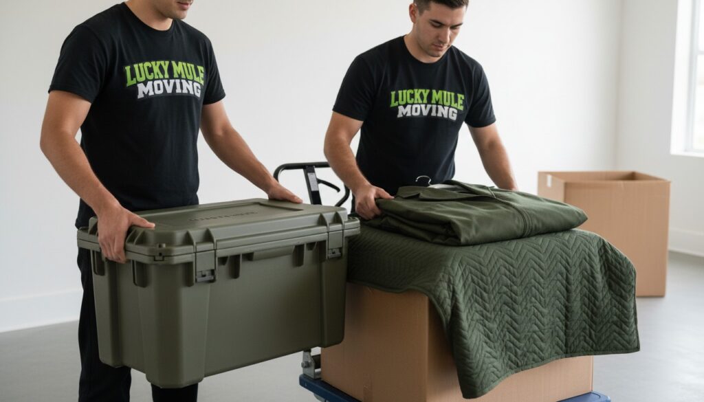 military move assistance movers transporting wrapped furniture to storage