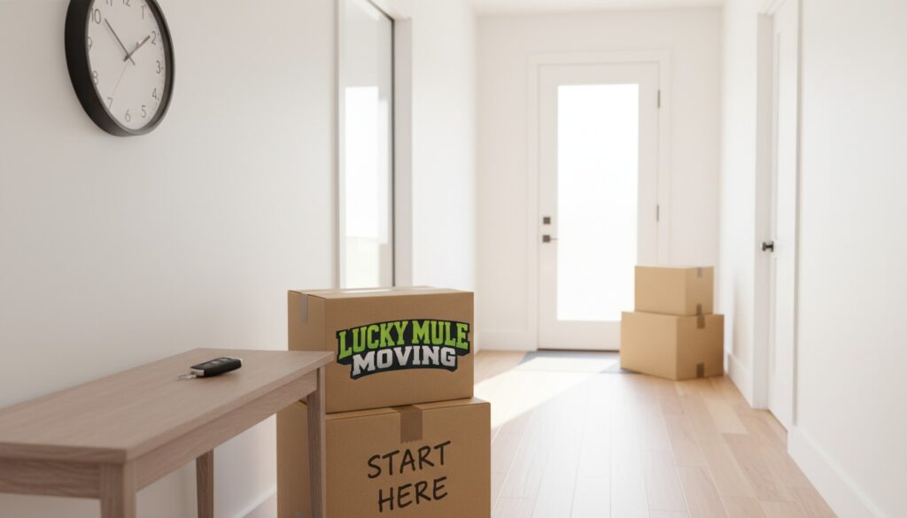Entryway with packed boxes showing how the moving clock runs start to finish for local moving in San Antonio and Austin.
