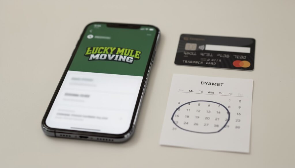 Phone payment confirmation and calendar image explaining the $200 deposit to book a local move in San Antonio and Austin.