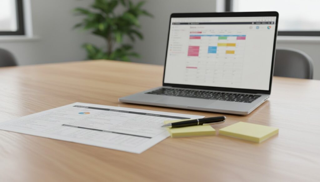 Planning desk scene for an office moving checklist in San Antonio and Austin, showing roles, dates, and tasks.