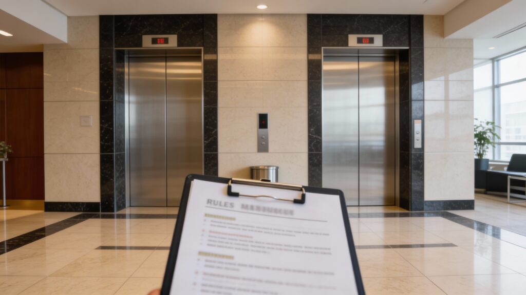 Office building elevator and access area showing building rules for office moves in San Antonio and Austin.