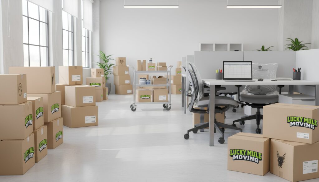 Packed office with boxes and a moving cart for an office moving checklist in San Antonio and Austin.