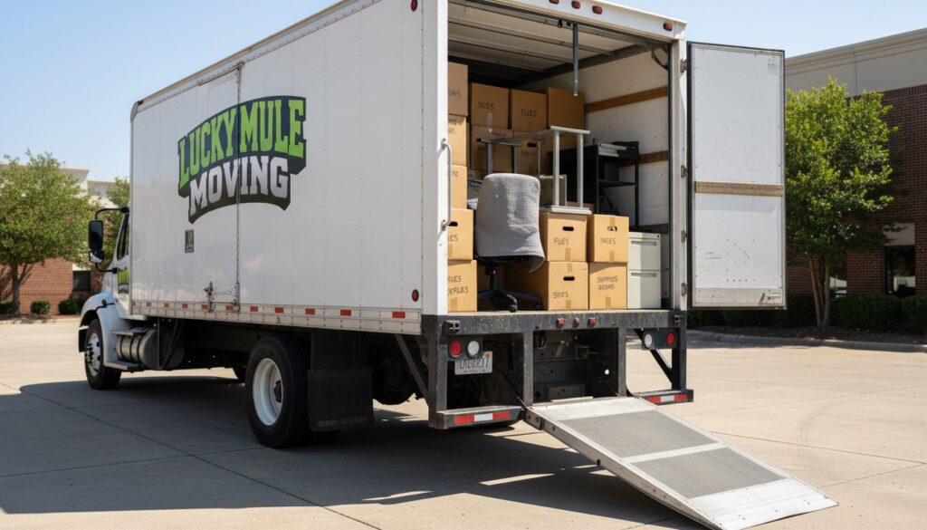 Office boxes loaded in a truck showing moving day loading order for office movers in San Antonio and Austin.