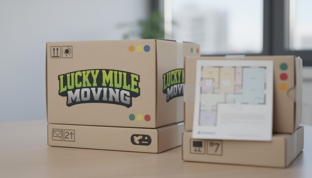 Color-dot labeled boxes showing a simple labeling system for office moving in San Antonio and Austin.