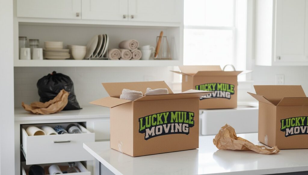 Open boxes in a kitchen showing optional unpacking and setup after a move in San Antonio and Austin.