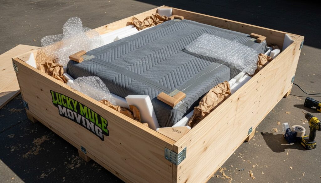 Packing materials and custom crate showing white-glove packing and crating for long-distance moving from San Antonio and Austin.