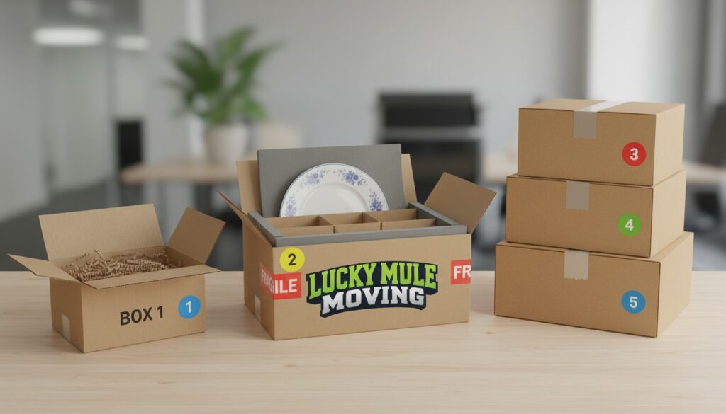 Three packing options shown as partial packing, fragile-only packing, and full-service packing for San Antonio and Austin moves.