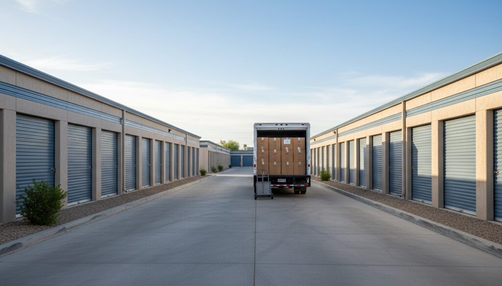 Self-storage facility scene showing partner storage coordination for long-term storage in San Antonio and Austin.