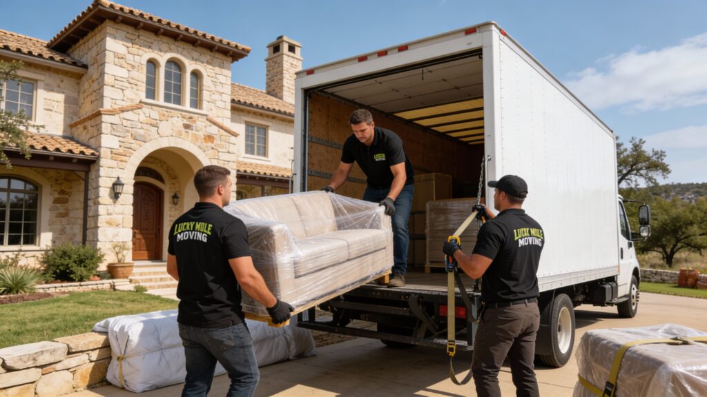 Professional movers from Lucky Mule Moving in Bryker Woods, Austin, TX, assisting with a seamless moving experience.