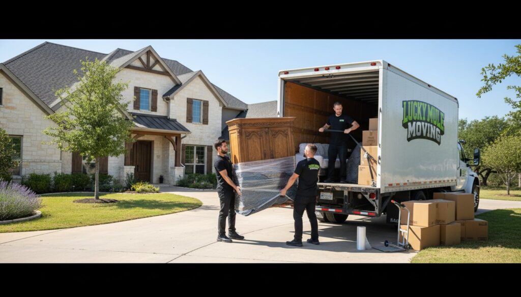 Professional movers from Lucky Mule Moving in Helotes, TX, assisting with a residential move.