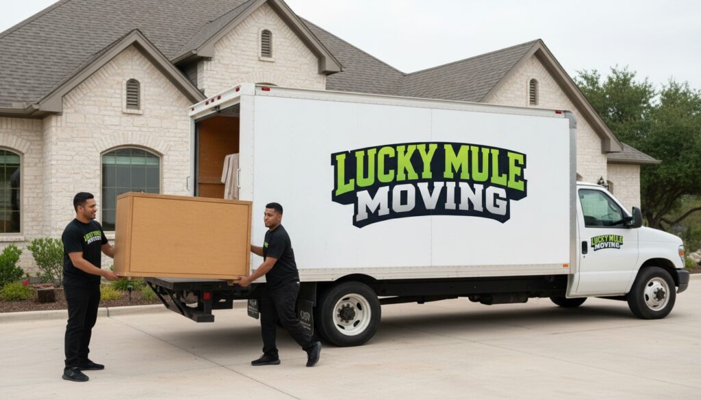 Professional movers from Lucky Mule Moving in Pleasanton, TX helping with a residential move.