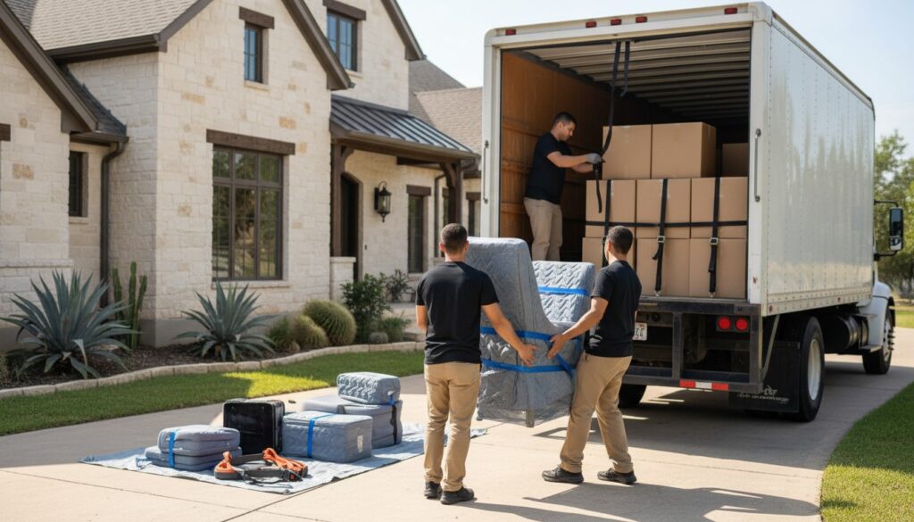 Professional movers from Lucky Mule Moving in Rogers Ranch, San Antonio, TX, handling a residential move with care.