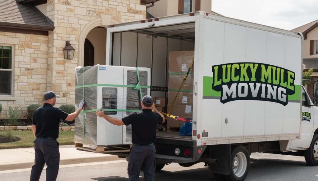 Professional movers from Lucky Mule Moving in Sonterra, San Antonio, TX, assisting with a residential move.
