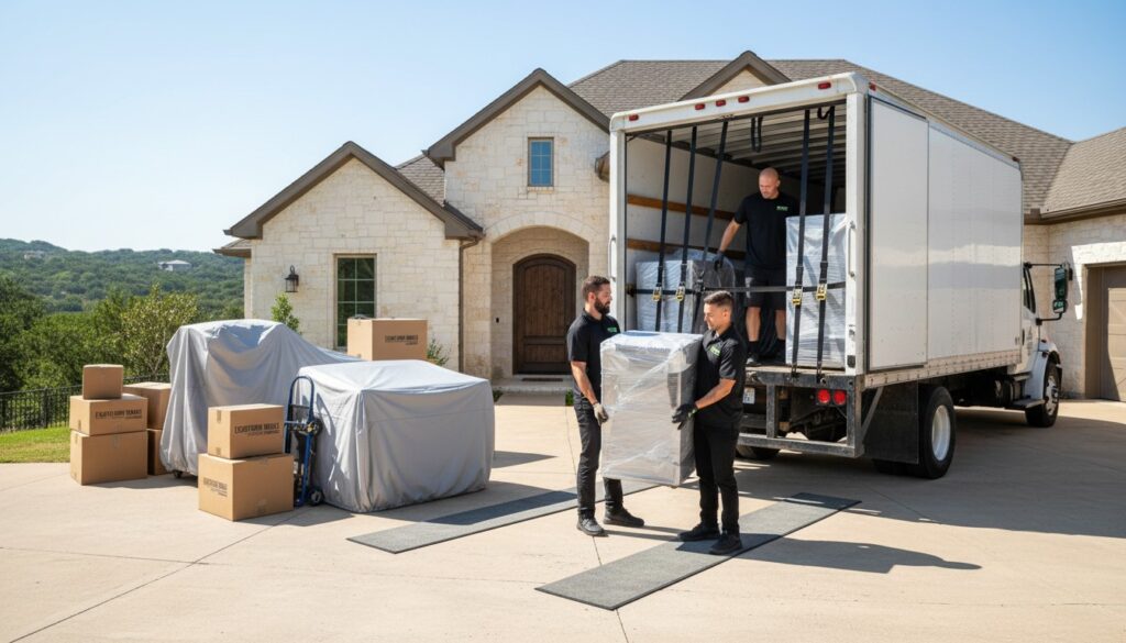 Professional movers from Lucky Mule Moving working in Steiner Ranch, Austin, TX, ensuring a smooth and efficient move.