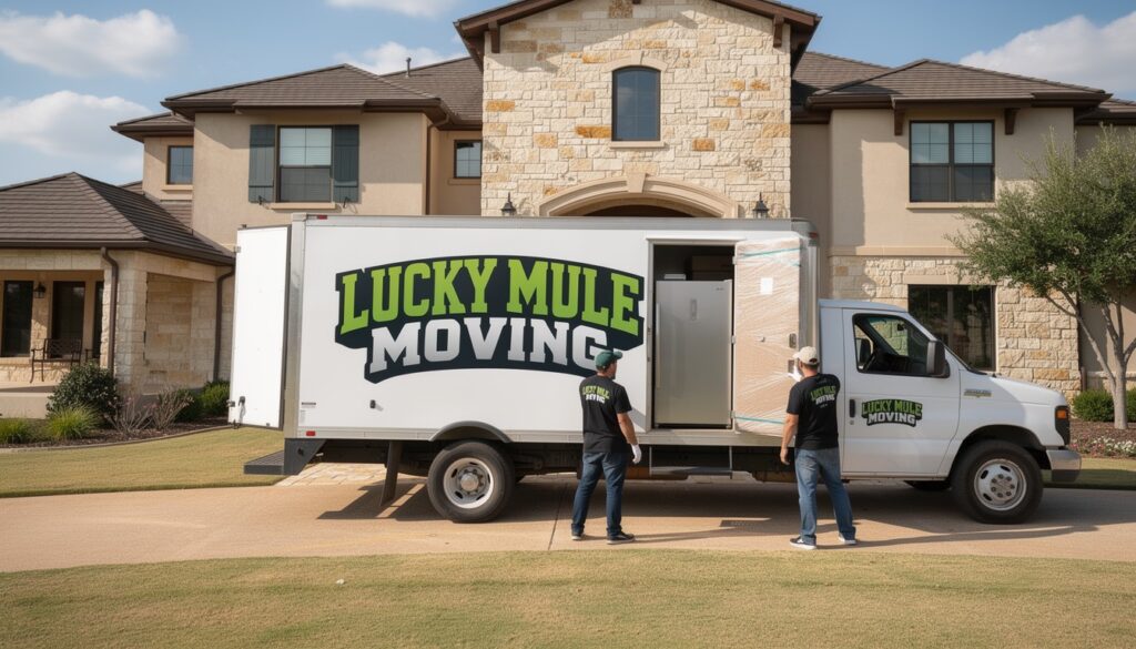Professional movers from Lucky Mule Moving working in Stone Oak, San Antonio, TX, providing expert relocation services.