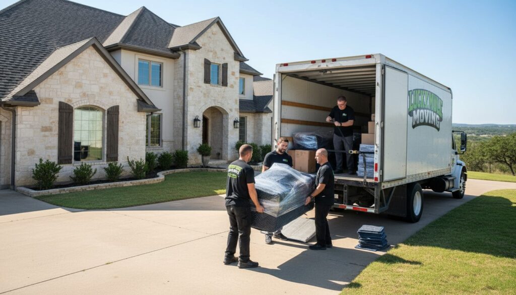 Professional movers from Lucky Mule Moving in Timberwood Park, TX, assisting with residential moving services.