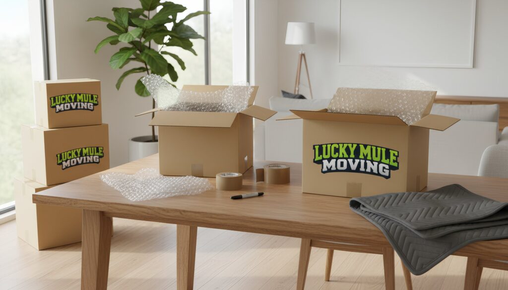 Professional packing setup with boxes and materials for packing services in San Antonio and Austin.