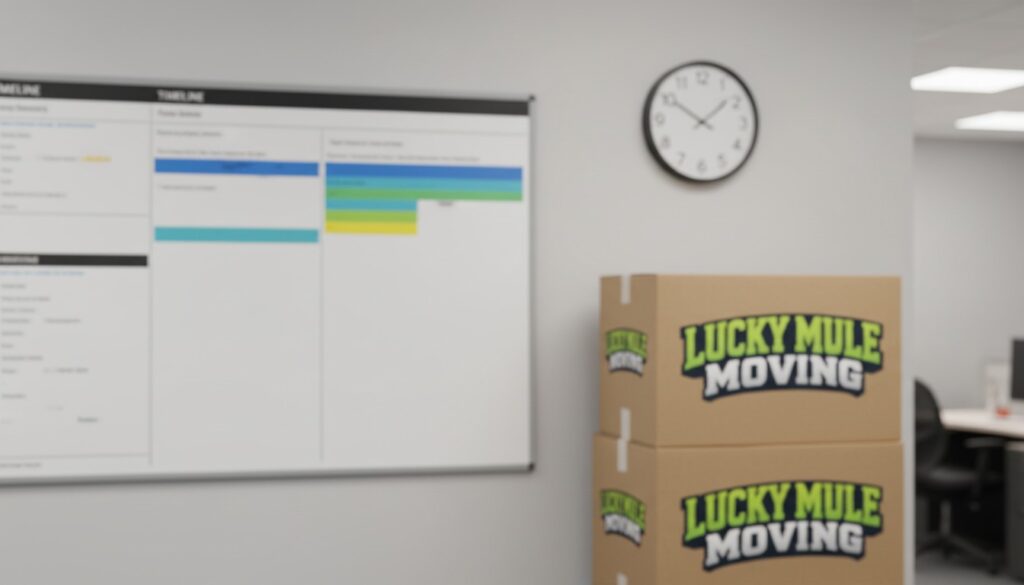 Office move timeline and packed boxes showing how to reduce downtime for office movers in San Antonio and Austin.