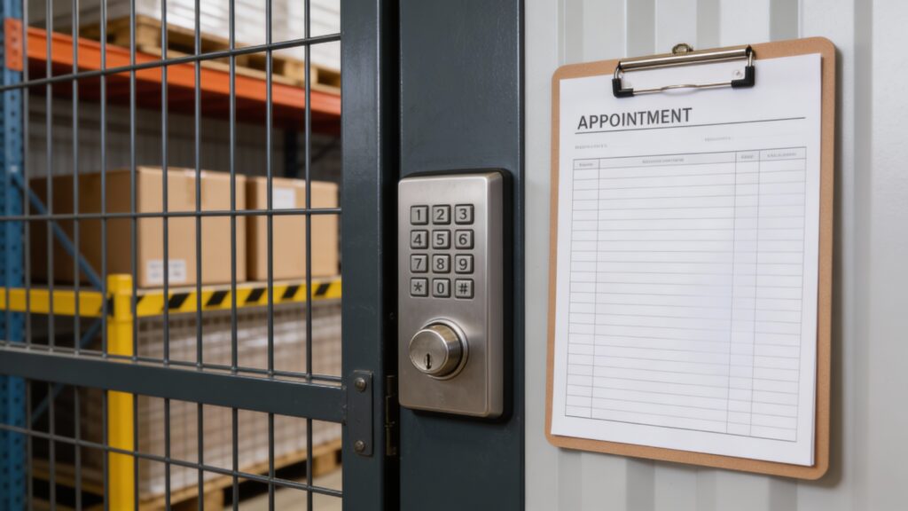 Secure storage access scene showing scheduled appointment access for storage in San Antonio and Austin.