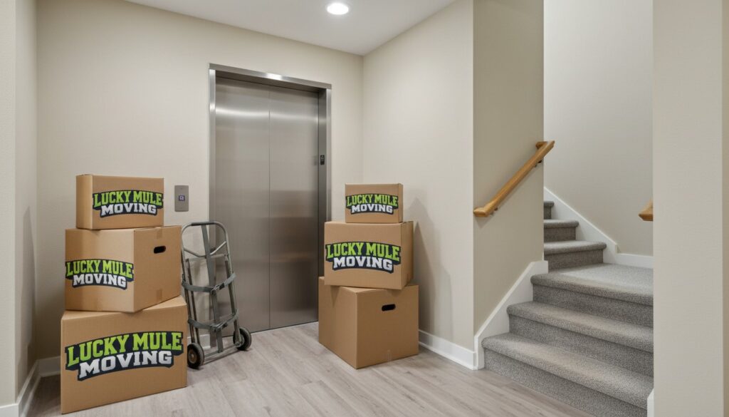 Elevator and stairwell scene showing factors that affect apartment moving time and cost in San Antonio and Austin.