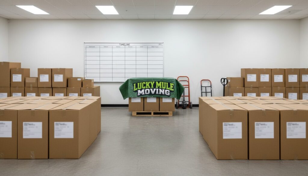 Staged boxes in a holding area illustrating storage-in-transit for long-distance moves from San Antonio and Austin.