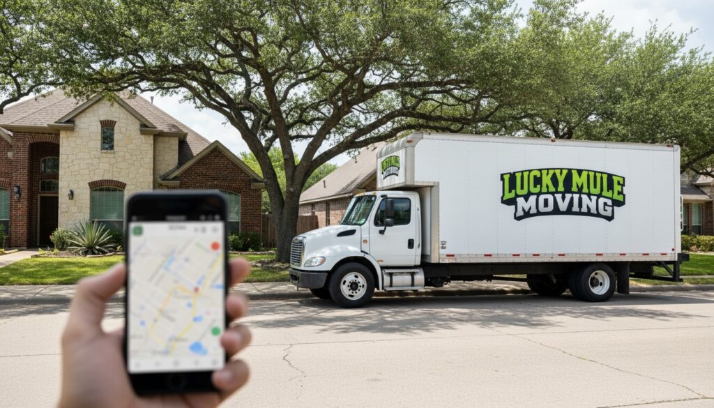 Lucky Mule Moving truck and route map visual explaining the Travel Charge for local moves in San Antonio and Austin.