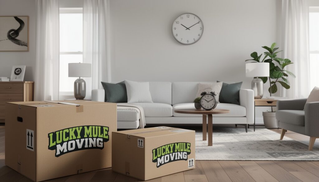 Moving boxes with a wall clock showing the 2-hour minimum concept for local moving in San Antonio and Austin.
