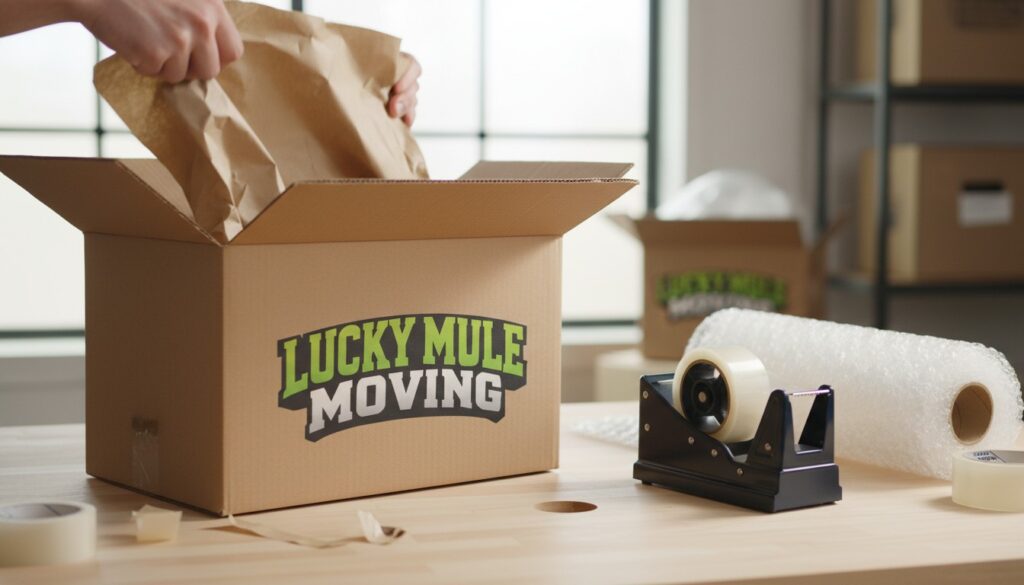 Moving box and packing materials illustrating what professional packing services include in San Antonio and Austin.
