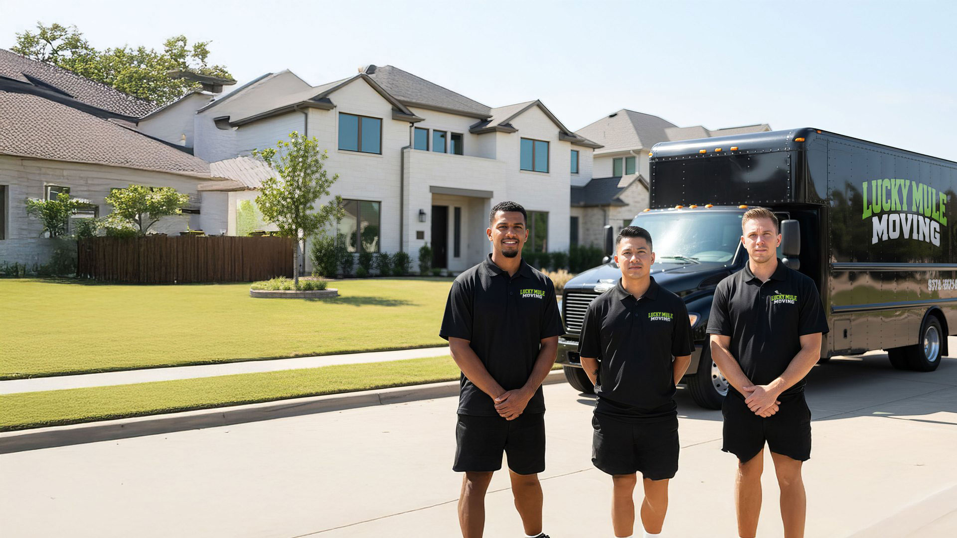 Lucky Mule Moving black t-shirt logo showcasing professional moving services in Helotes, Texas.